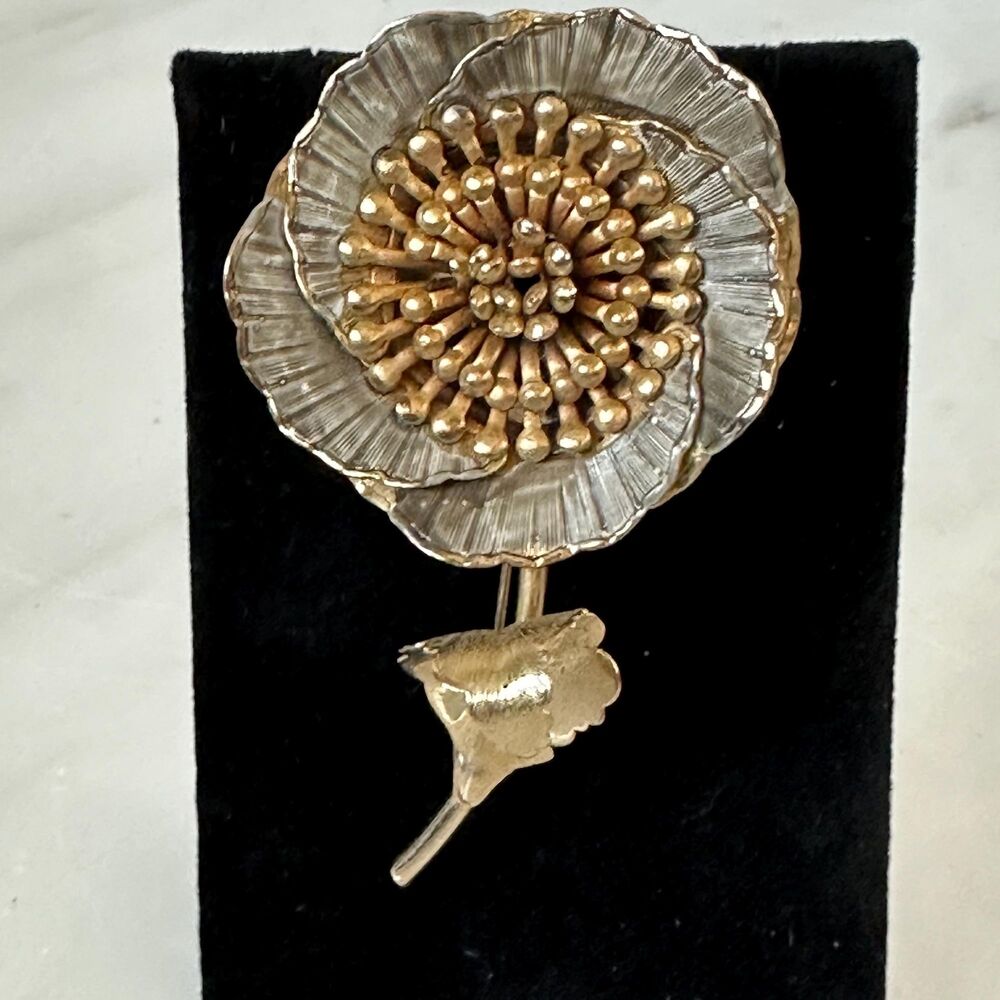 Vtg 1960s Two Tone Flower Brooch Pin Gold Silver Textured Mid Century Floral